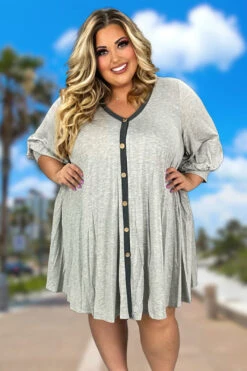 64 SQ-N {Totally Worth It} Gray Lounge Dress With Buttons PLUS SIZE 1X 2X 3X