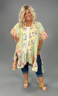 40 OT-G {Take Up My Time} Lemon Mulit-Print Kimono PLUS SIZE XL/1X 1X/2X
