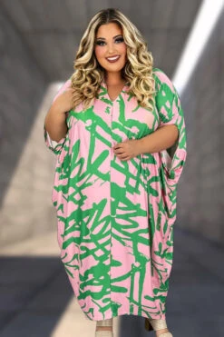 LD-Z &J {Daylight Kisses} Pink/Green Print Kaftan PLUS SIZE 3X