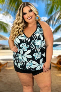 SWIM-G {South Point} Black/Blue Leaf Two Piece Swimsuit SALE!!! EXTENDED PLUS SIZE 18W 20W 22W 24W