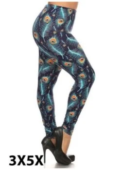 BIN-98 {Peacock Beauty} Navy Peacock Print Leggings EXTENDED PLUS SIZE 3X/5X
