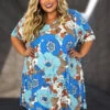 29 PSS {Joyful Journey} Blue/Tan Spotted Floral V-Neck Dress EXTENDED PLUS SIZE 4X 5X 6X