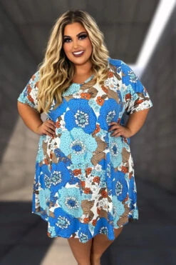 29 PSS {Joyful Journey} Blue/Tan Spotted Floral V-Neck Dress EXTENDED PLUS SIZE 4X 5X 6X