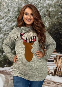 36 GT-P {Deer Head} Heather Grey Reindeer Top SALE!! PLUS SIZE XL 2X 3X
