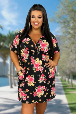 13 PSS-Z {Can You See It} Black Floral Dress W/Pockets PLUS SIZE XL 2X 3X