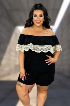 87 RP-J {What A Doll} Black Off Shoulder Romper W/Lace PLUS SIZE XL 2X 3X