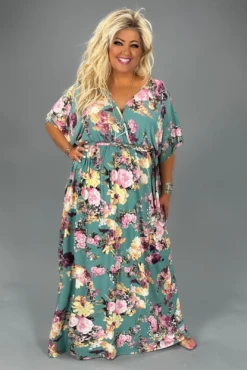LD-R {In This Together} SALE! Jade Floral V-Neck Belted Maxi Dress PLUS SIZE XL 2X 3X