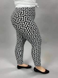 BIN-99 {You Can Hide} Ivory/Black Geometric Print Leggings EXTENDED PLUS SIZE 3X/5X