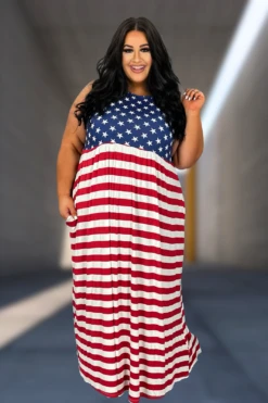 LD-Q {Red White & Blessed} Patriotic Print Babydoll Maxi Dress PLUS SIZE XL 2X 3X