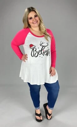 85 GT-D {Believe} White/Pink Graphic Tee CURVY BRAND!! EXTENDED PLUS SIZE 1X 2X 3X 4X 5X 6X