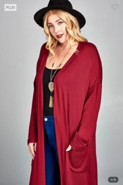 LD-Q {Class And Charm} Burgundy Long Duster W/Pockets PLUS SIZE XL 2X 3X -Curvy Chic Boutique image e5266604 4d1d 4254 9eff ed2c487535f7