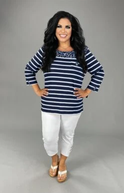 CP-A M-109 {Karen Scott} Navy Striped Printed Top Retail $36.50 ***FLASH SALE***