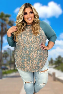 14 CP-E {Lead Me Back To You}Teal Print Raglan Sleeve Top PLUS SIZE 1X 2X 3X