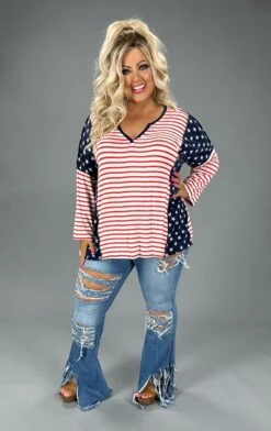 22 CP-D {Sweet America} Red White Blue Striped Top PLUS SIZE 1X 2X 3X