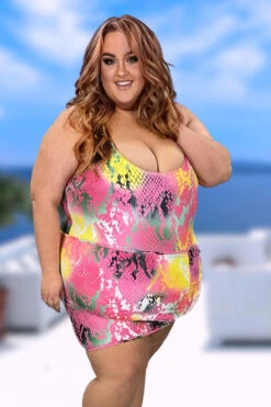 SWIM-P {Fill Your Time} Pink Snakeskin 1 Piece Swimsuit W/Skirt EXTENDED PLUS SIZE 4X