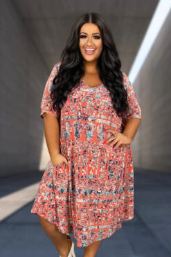 62 PSS-Z {Rule The Runway} Coral Tribal Print V-Neck Dress EXTENDED PLUS SIZE 3X 4X 5X