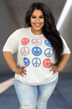 30 GT-I {Peace Out} SALE! White Peace Sign And Smiles Graphic Tee PLUS SIZE 1X 2X 3X
