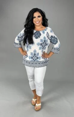 PQ-A M-109 {INC} Ivory/Blue Medallion Print Top Retail $74.50 PLUS SIZE 1X