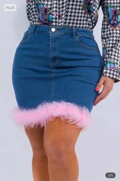 BT-P {Better In Pink} Dk. Stretch Denim Skirt W/Pink Feather Hem PLUS SIZE XL 2X 3X