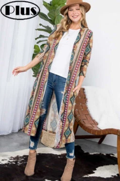 LD-Q {Aztec Vision} Taupe Aztec Print Duster W/Pockets PLUS SIZE 1X 2X 3X