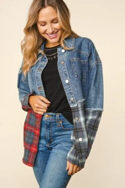 26 OT {Miss Plaid} Denim Jacket W/Red & Grey Plaid PLUS SIZE 1X 2X 3X