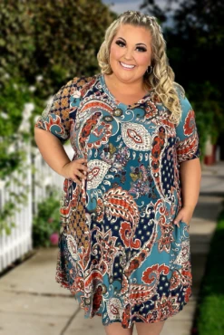 44 PSS-X {Time To Twirl} Teal/Rust Paisley Print Dress EXTENDED PLUS SIZE 3X 4X 5X