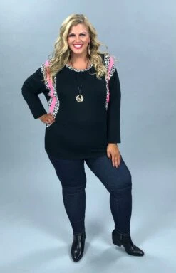 24 CP-L {Lucky In All} Black Pink Leopard Detail Top PLUS SIZE XL 2X 3X