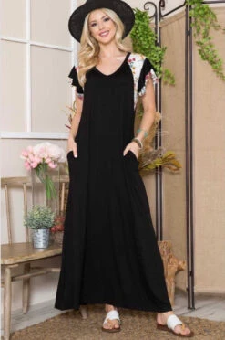 LD-R {Everyday Stunner} Black Long Dress Floral Sleeves PLUS SIZE 1X 2X 3X -Curvy Chic Boutique image fc577652 378b 43ce 8977 f9c4756b3b8f
