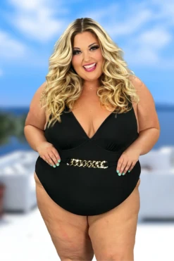 SWIM-F {Island Hopping} Black Belted One Piece Swimsuit SALE!!! EXTENDED PLUS SIZE 4X