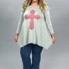 29 GT-C {Don't Cross Me} Grey Pink Cross Detail Top PLUS SIZE XL 2X 3X