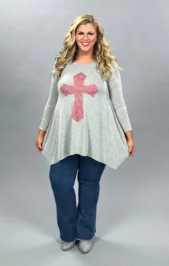 29 GT-C {Don't Cross Me} Grey Pink Cross Detail Top PLUS SIZE XL 2X 3X