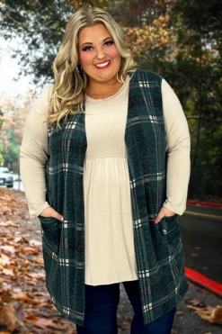 91 OT-B {Keep On Plaid} Green Plaid Vest W/Side Pockets EXTENDED PLUS SIZE 3X 4X 5X