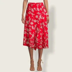 BT-G M-109 {Calvin Klein} Red Floral Ruffle Trim Skirt RETAIL $99.50 PLUS SIZE 24W