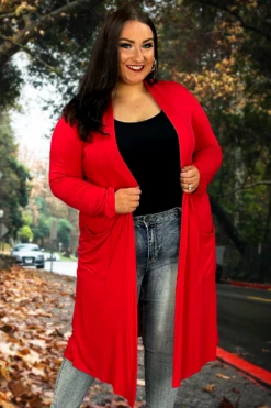 54 OT-C {Never Too Late} Red Duster W/Pockets PLUS SIZE 1X 2X 3X