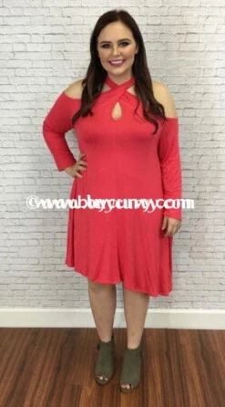 OS-J {My Own Way} Cold-Shoulder Coral Keyhole Dress -Curvy Chic Boutique ocs j cold shoulder coral keyhole with side pockets sale open curvy boutique plus size clothing 1 397