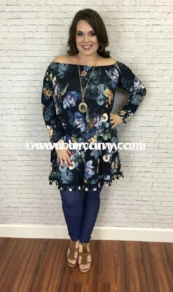 PQ-Q {Nice Audition} Navy Floral Dress With Tassel Hem -Curvy Chic Boutique pq q auditions navy floral with tassel hem sale curvy boutique plus size clothing 2 724