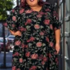 86 PSS-C {Soulful Looks} Black W/ Red Floral Print Dress EXTENDED PLUS SIZES 3X 4X 5X