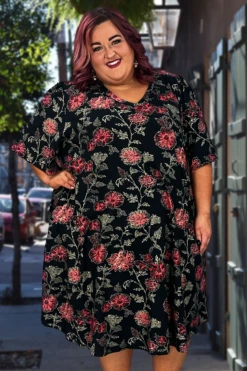 86 PSS-C {Soulful Looks} Black W/ Red Floral Print Dress EXTENDED PLUS SIZES 3X 4X 5X